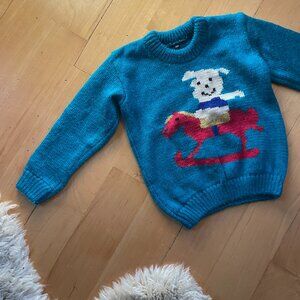 Vintage kids 1980s sweater - bunny on a horse teal toddler hand knit top